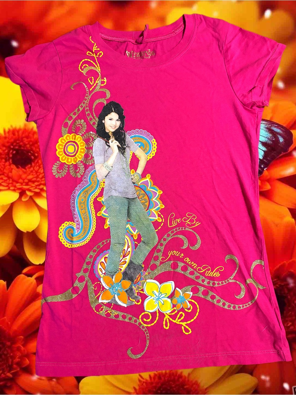 Girls' Pink Graphic Tee with Floral Motif, Wizards of Waverly Place Selina Gomez